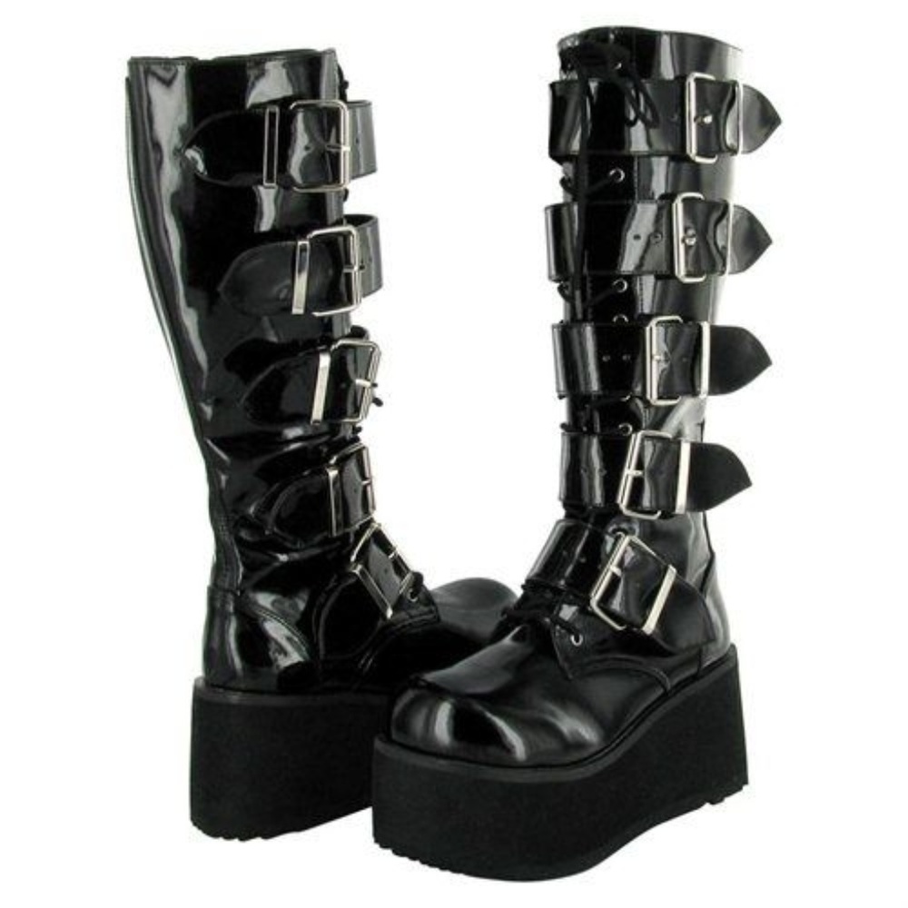 Goth Platform Buckle Patent Leather Boots